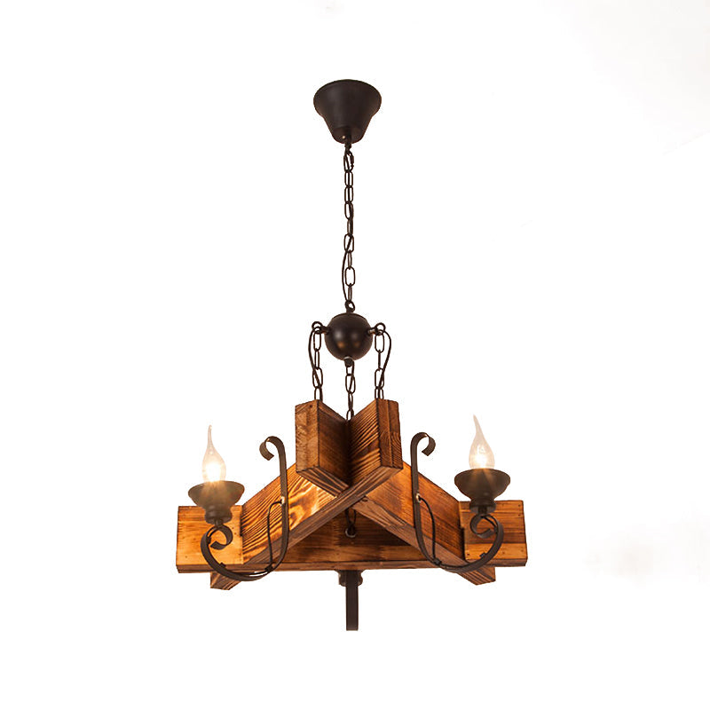 Nautical Wooden Hanging Light Fixture-Chandelier in Brown, Triangular/Square Design, 3/4/6-Head Ceiling Candle for Restaurants