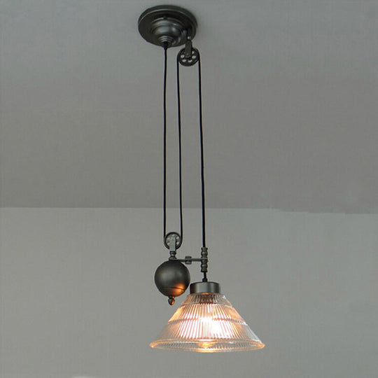 Industrial Black Pendant Lamp with Clear Glass Cone Shade and Pulley