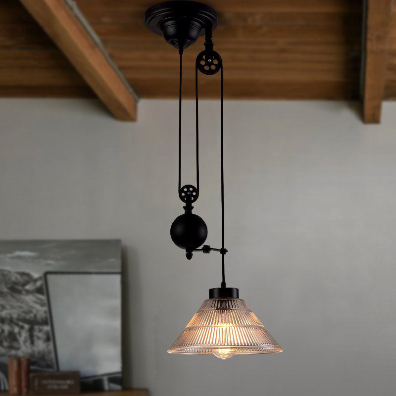 Industrial Black Pendant Lamp with Clear Glass Cone Shade and Pulley