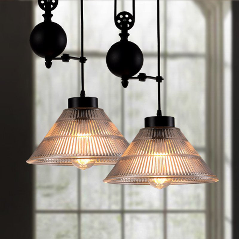 Industrial Black Pendant Lamp with Clear Glass Cone Shade and Pulley