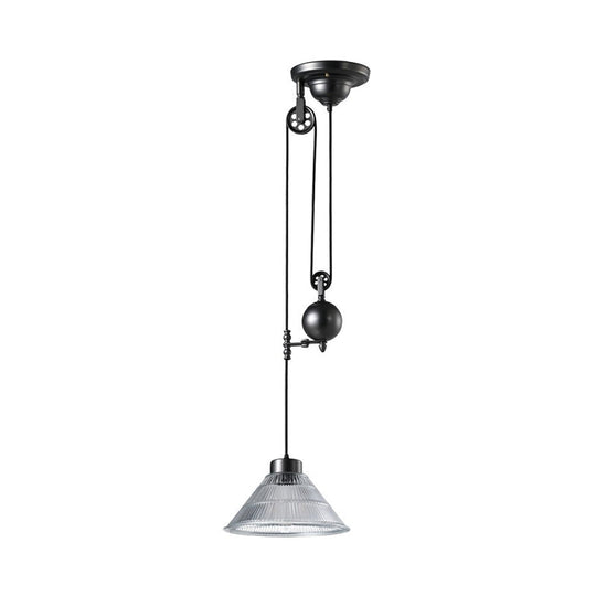 Industrial Black Pendant Lamp with Clear Glass Cone Shade and Pulley