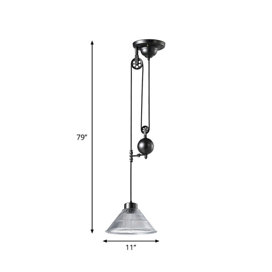 Industrial Black Pendant Lamp with Clear Glass Cone Shade and Pulley