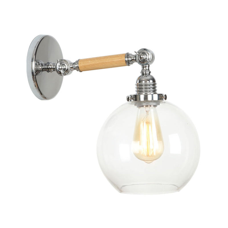 1-Light Rustic Wall Mounted Lamp - Clear Glass Rotatable Bowl/Cone/Bell Design In Chrome And Wood /