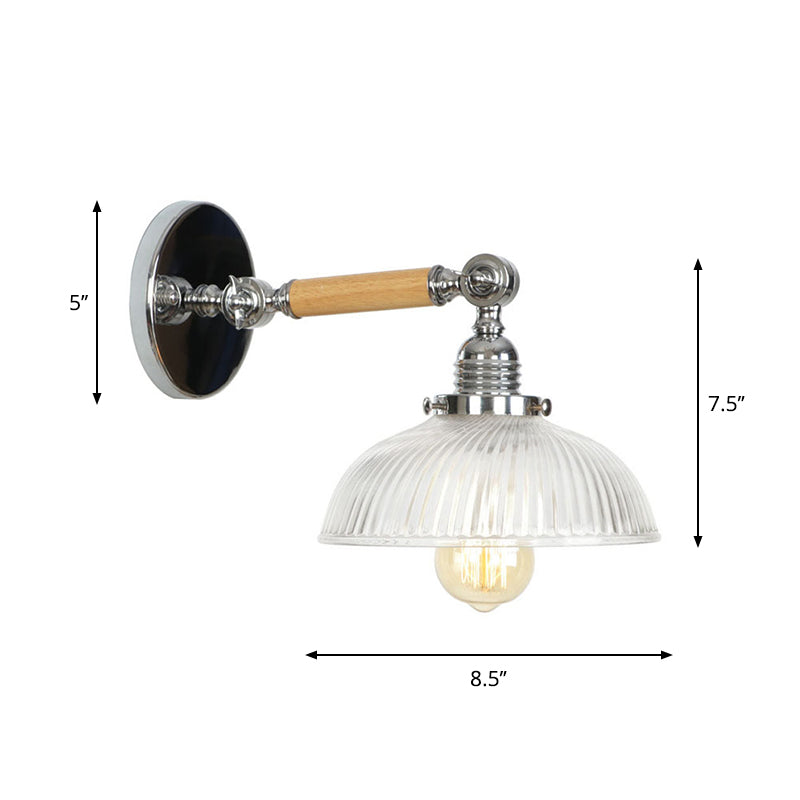 1-Light Rustic Wall Mounted Lamp - Clear Glass Rotatable Bowl/Cone/Bell Design In Chrome And Wood