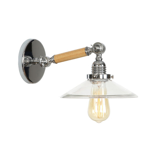 1-Light Rustic Wall Mounted Lamp - Clear Glass Rotatable Bowl/Cone/Bell Design In Chrome And Wood /