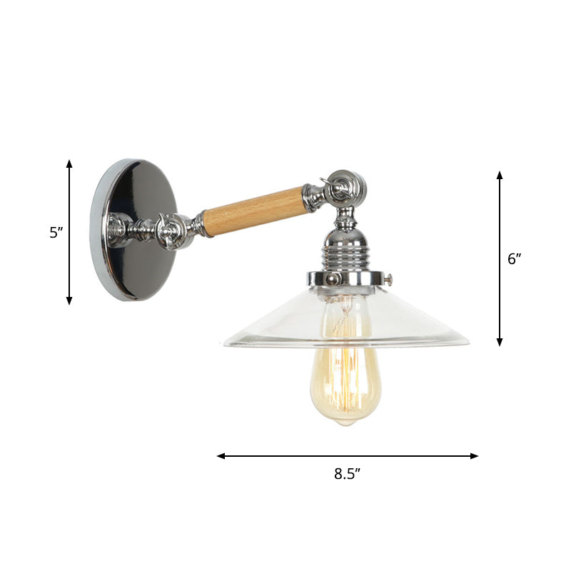 1-Light Rustic Wall Mounted Lamp - Clear Glass Rotatable Bowl/Cone/Bell Design In Chrome And Wood