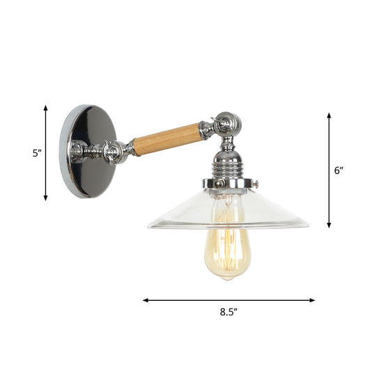 1-Light Rustic Wall Mounted Lamp - Clear Glass Rotatable Bowl/Cone/Bell Design In Chrome And Wood