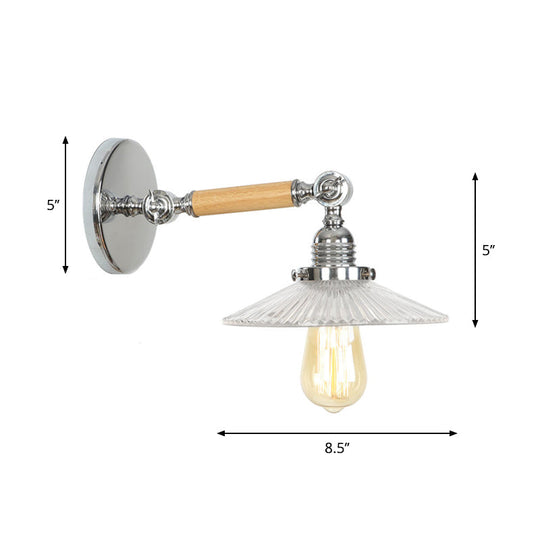 1-Light Rustic Wall Mounted Lamp - Clear Glass Rotatable Bowl/Cone/Bell Design In Chrome And Wood