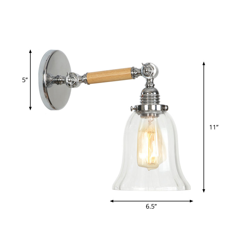 1-Light Rustic Wall Mounted Lamp - Clear Glass Rotatable Bowl/Cone/Bell Design In Chrome And Wood