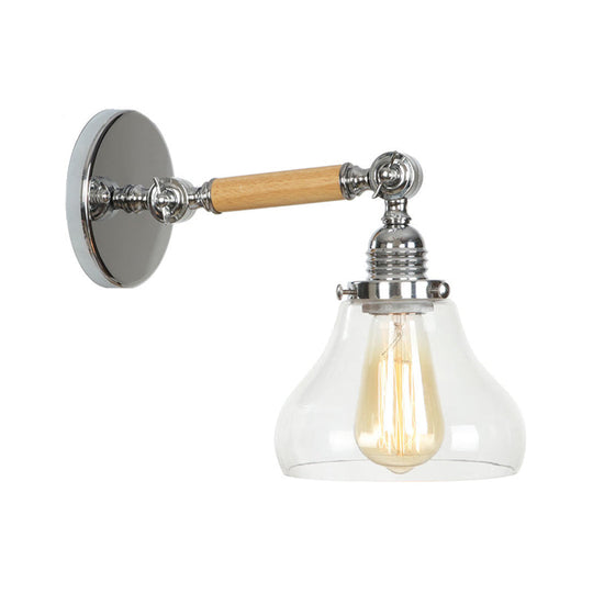 1-Light Rustic Wall Mounted Lamp - Clear Glass Rotatable Bowl/Cone/Bell Design In Chrome And Wood /