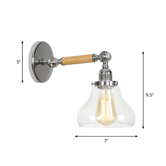 1-Light Rustic Wall Mounted Lamp - Clear Glass Rotatable Bowl/Cone/Bell Design In Chrome And Wood