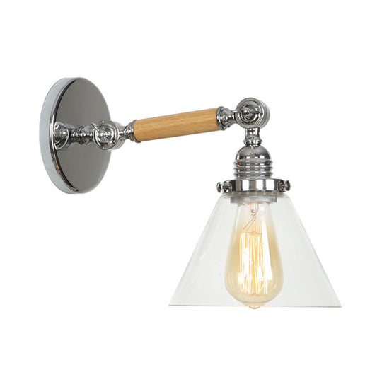 1-Light Rustic Wall Mounted Lamp - Clear Glass Rotatable Bowl/Cone/Bell Design In Chrome And Wood /