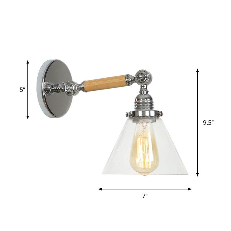 1-Light Rustic Wall Mounted Lamp - Clear Glass Rotatable Bowl/Cone/Bell Design In Chrome And Wood