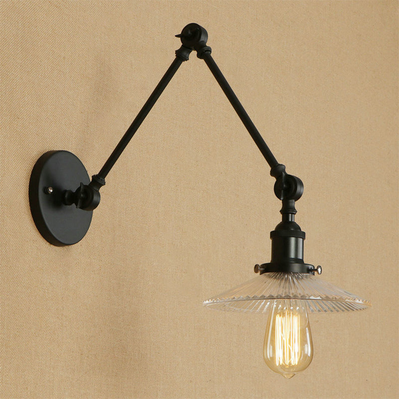 Loft Style Ribbed Glass Saucer Shade Studio Task Wall Lamp - Black-Brass/Black Swing Arm Mount Light