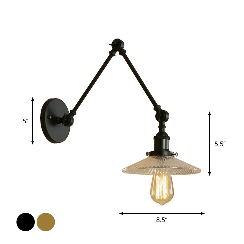 Loft Style Ribbed Glass Saucer Shade Studio Task Wall Lamp - Black-Brass/Black Swing Arm Mount Light