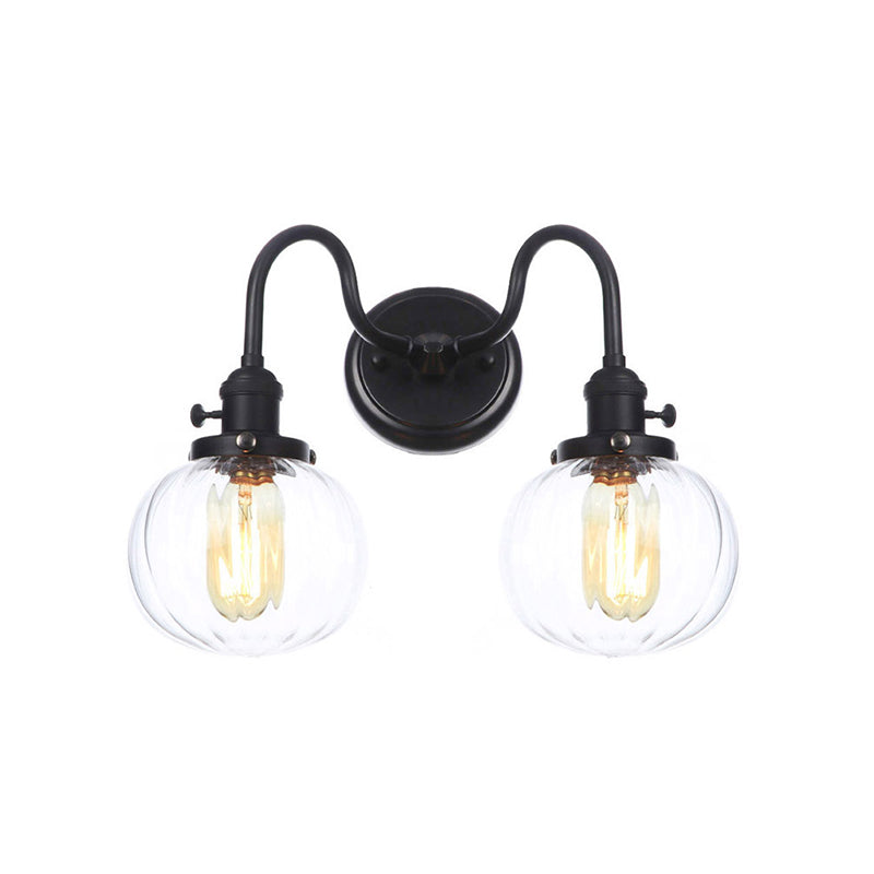 Farmhouse Iron 2-Head Wall Lighting In Black With Curved/Straight Arm Clear Glass Cone/Ball Shades -