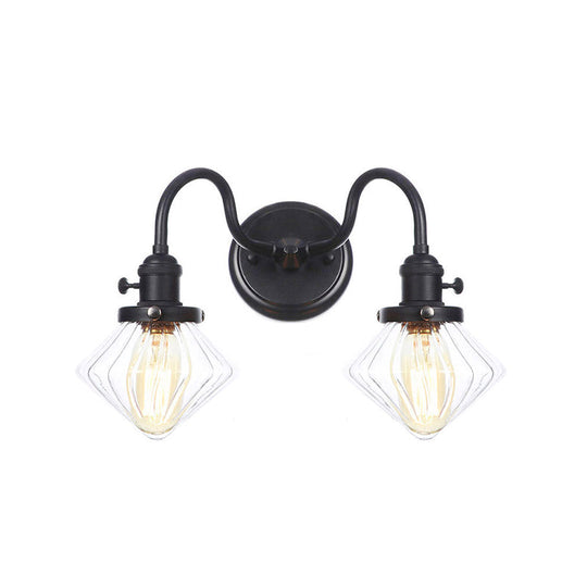 Farmhouse Iron 2-Head Wall Lighting In Black With Curved/Straight Arm Clear Glass Cone/Ball Shades -