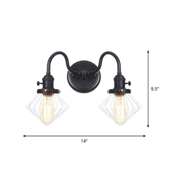 Farmhouse Iron 2-Head Wall Lighting In Black With Curved/Straight Arm Clear Glass Cone/Ball Shades -