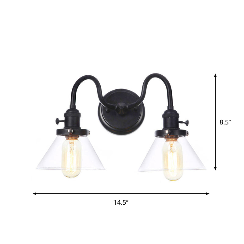 Farmhouse Iron 2-Head Wall Lighting In Black With Curved/Straight Arm Clear Glass Cone/Ball Shades -