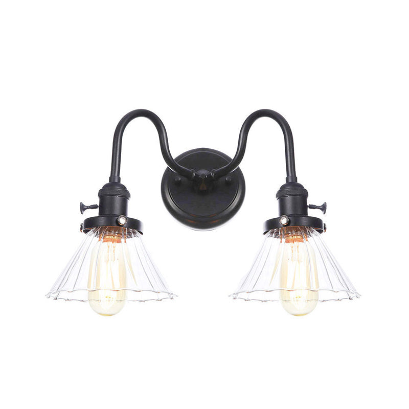 Farmhouse Iron 2-Head Wall Lighting In Black With Curved/Straight Arm Clear Glass Cone/Ball Shades -