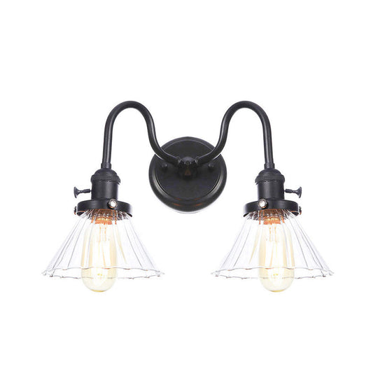 Farmhouse Iron 2-Head Wall Lighting In Black With Curved/Straight Arm Clear Glass Cone/Ball Shades -