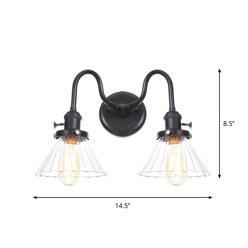 Farmhouse Iron 2-Head Wall Lighting In Black With Curved/Straight Arm Clear Glass Cone/Ball Shades -