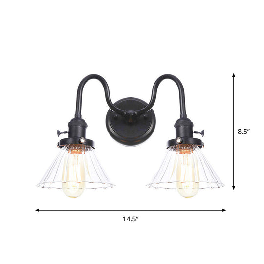 Farmhouse Iron 2-Head Wall Lighting In Black With Curved/Straight Arm Clear Glass Cone/Ball Shades -