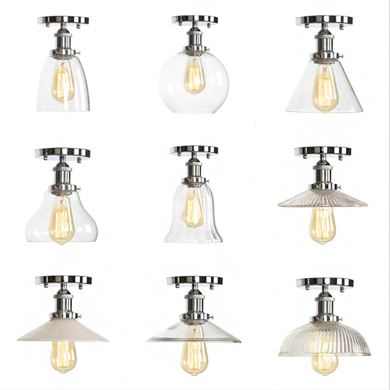 Clear Ribbed Glass Flushmount Farmhouse Bell-Chrome Ceiling Light