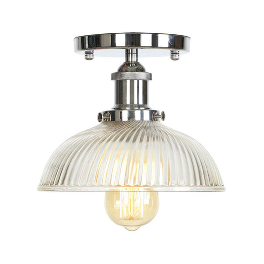 Clear Ribbed Glass Flushmount Farmhouse Bell-Chrome Ceiling Light