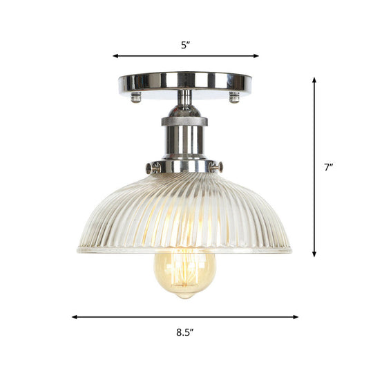 Clear Ribbed Glass Flushmount Farmhouse Bell-Chrome Ceiling Light