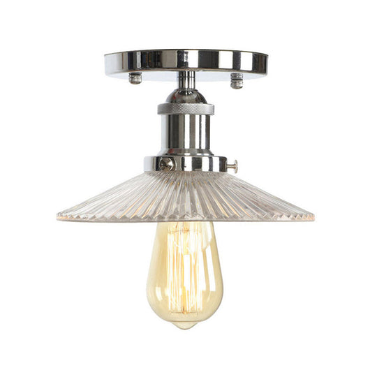 Clear Ribbed Glass Flushmount Farmhouse Bell-Chrome Ceiling Light