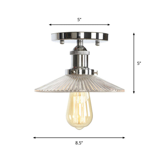 Clear Ribbed Glass Flushmount Farmhouse Bell-Chrome Ceiling Light