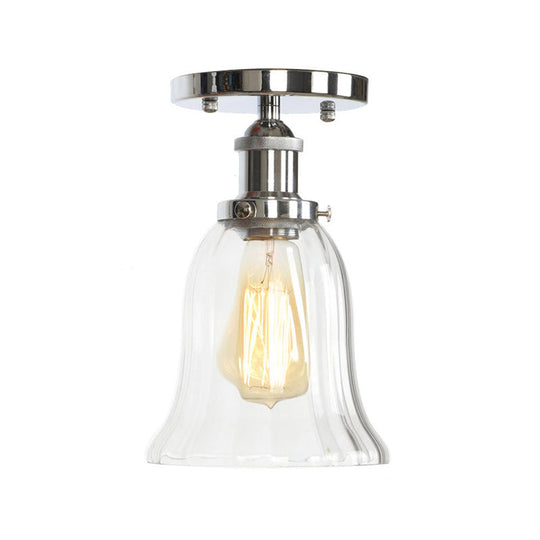 Clear Ribbed Glass Flushmount Farmhouse Bell-Chrome Ceiling Light