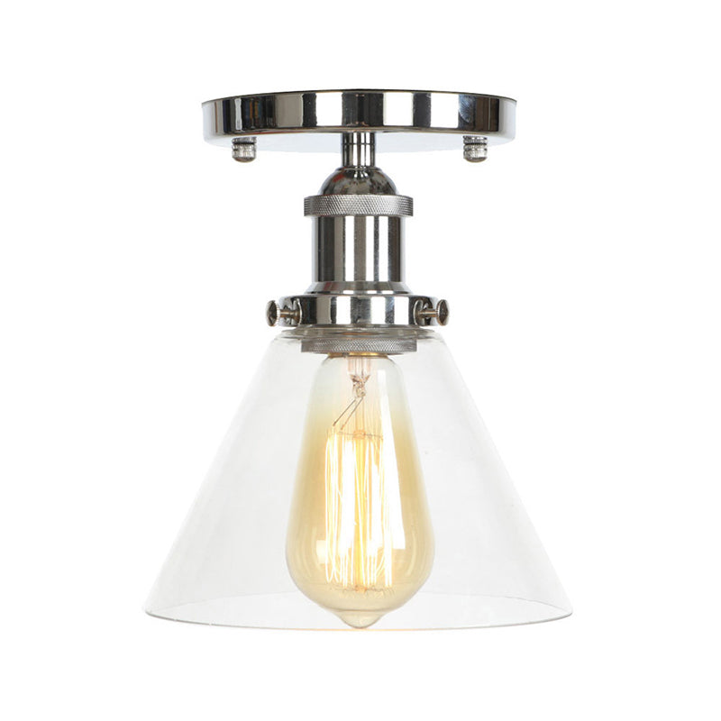 Clear Ribbed Glass Flushmount Farmhouse Bell-Chrome Ceiling Light