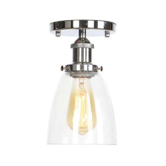 Clear Ribbed Glass Flushmount Farmhouse Bell-Chrome Ceiling Light