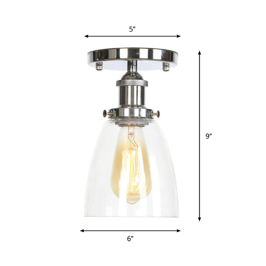 Clear Ribbed Glass Flushmount Farmhouse Bell-Chrome Ceiling Light