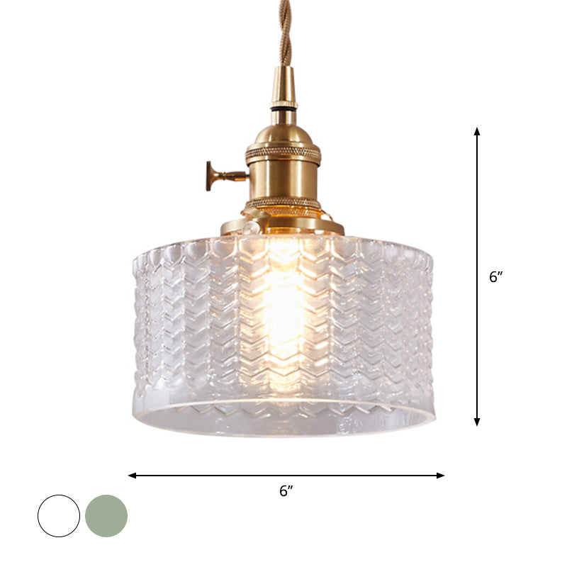 Isabella - Retro Retro Short Cylinder Pendant Lighting 1 Head Clear/Green Wavy Glass Ceiling Hang Lamp with Rotary Switch in Brass