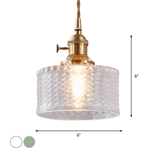 Isabella - Retro Retro Short Cylinder Pendant Lighting 1 Head Clear/Green Wavy Glass Ceiling Hang Lamp with Rotary Switch in Brass