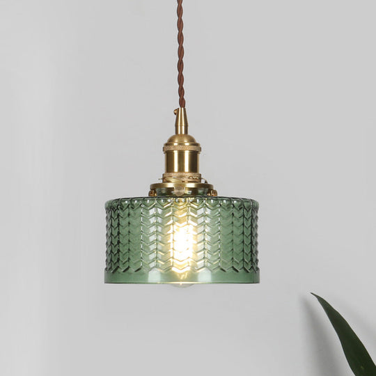 Isabella - Retro Retro Short Cylinder Pendant Lighting 1 Head Clear/Green Wavy Glass Ceiling Hang Lamp with Rotary Switch in Brass