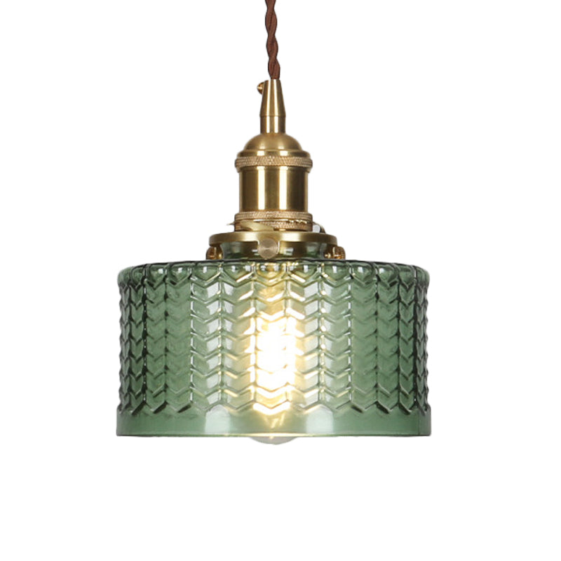 Isabella - Retro Retro Short Cylinder Pendant Lighting 1 Head Clear/Green Wavy Glass Ceiling Hang Lamp with Rotary Switch in Brass