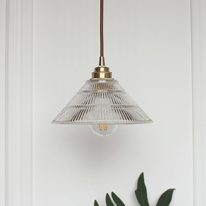 Cone Clear Ribbed Glass Pendulum Light: Minimalist 1-Light Suspension Lamp In Brass For Dining Table