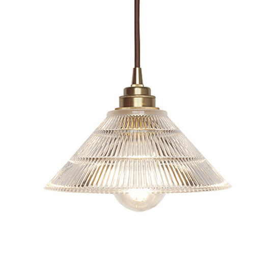 Cone Clear Ribbed Glass Pendulum Light: Minimalist 1-Light Suspension Lamp In Brass For Dining Table