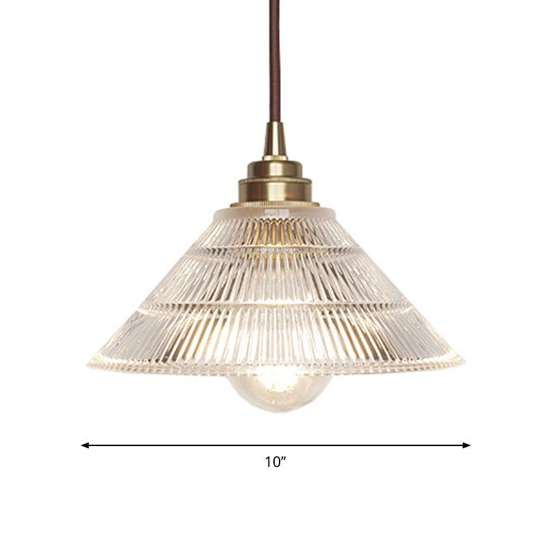 Cone Clear Ribbed Glass Pendulum Light: Minimalist 1-Light Suspension Lamp In Brass For Dining Table