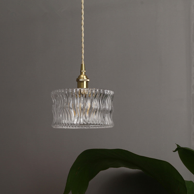 Antique Gold Cylindrical Ribbed Glass Pendant Lamp - Clear Single Ceiling Light for Sitting Room