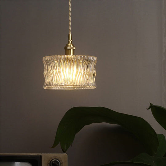 Antique Clear Ribbed Glass Gold Ceiling Pendant Lamp