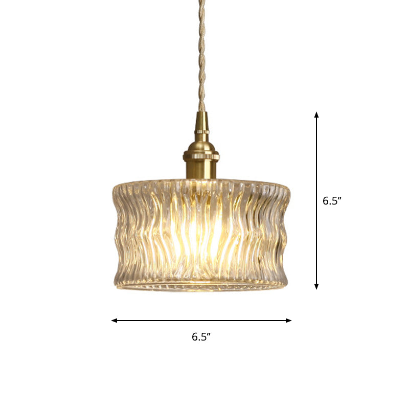 Antique Gold Cylindrical Ribbed Glass Pendant Lamp - Clear Single Ceiling Light for Sitting Room