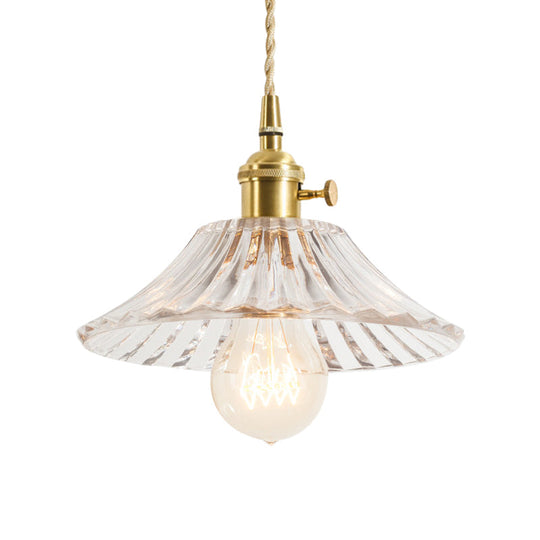 Floral Brass Hanging Lamp - Rustic Cone Pendant Light With Clear Ribbed Glass Ideal For Table