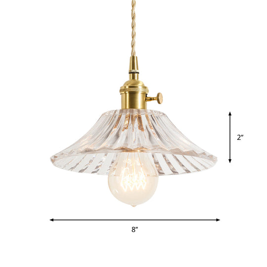 Rustic Brass Floral Hanging Lamp with Clear Ribbed Glass - 1-Light Ceiling Pendant for Table