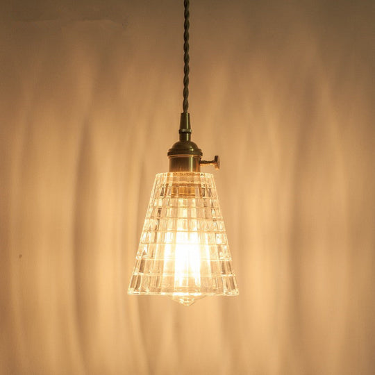 Floral Brass Hanging Lamp - Rustic Cone Pendant Light With Clear Ribbed Glass Ideal For Table / A