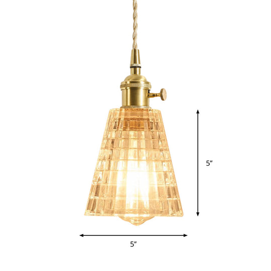 Rustic Brass Floral Hanging Lamp with Clear Ribbed Glass - 1-Light Ceiling Pendant for Table